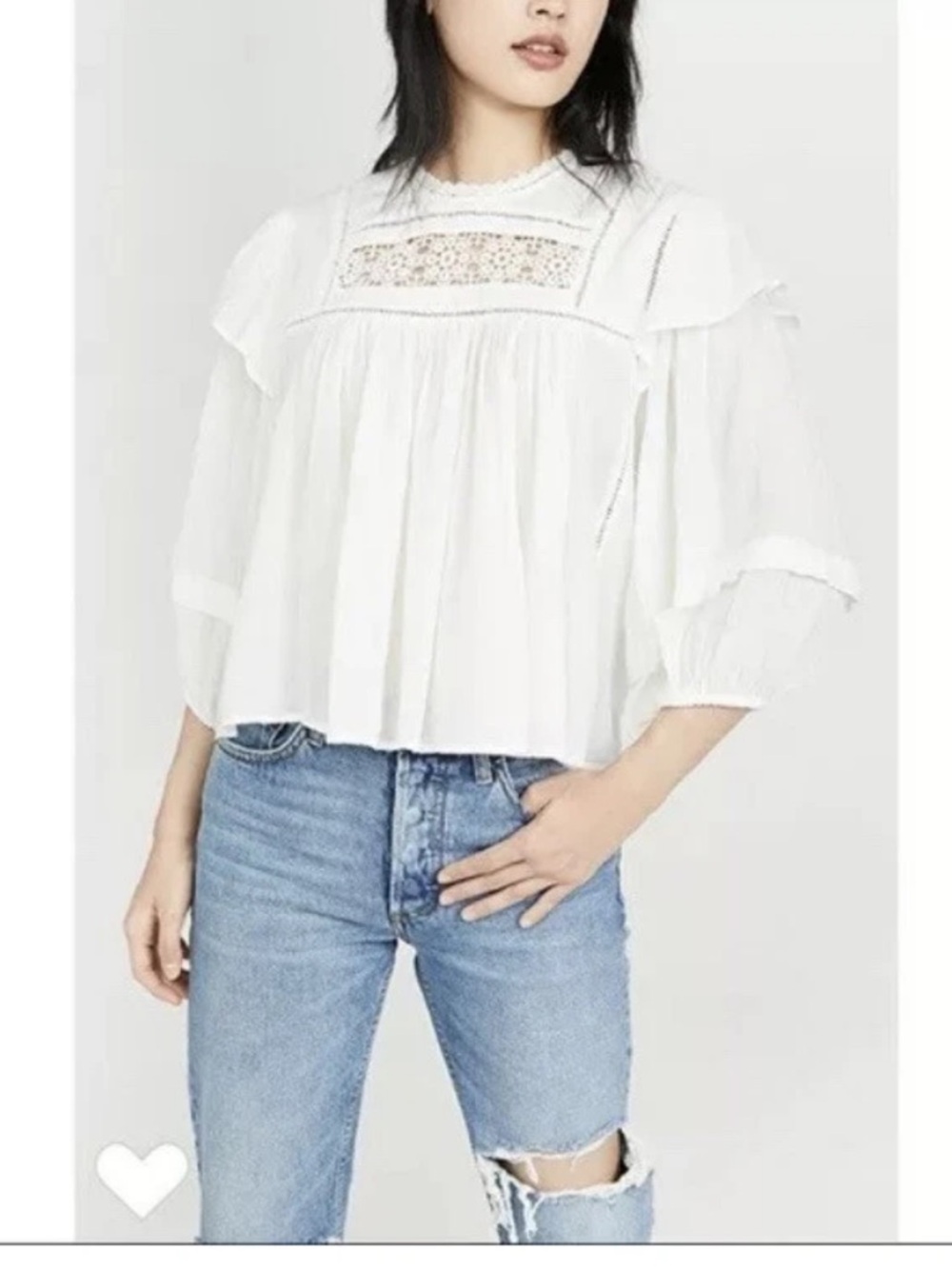 Free People Laura Cotton Ruffle Blouse White Boho Lace Puff Sleeve Top XS